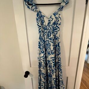 White & Blue Floral Maxi Dress - Sleeveless V-Neck